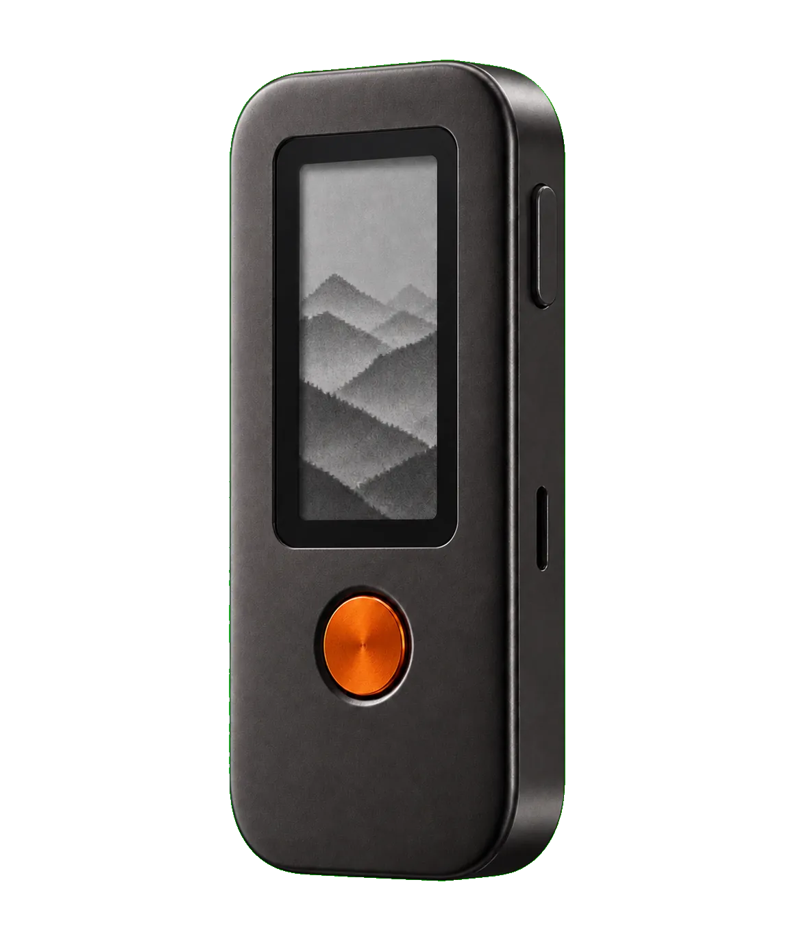 Cinder hardware wallet from a three-quarter angle