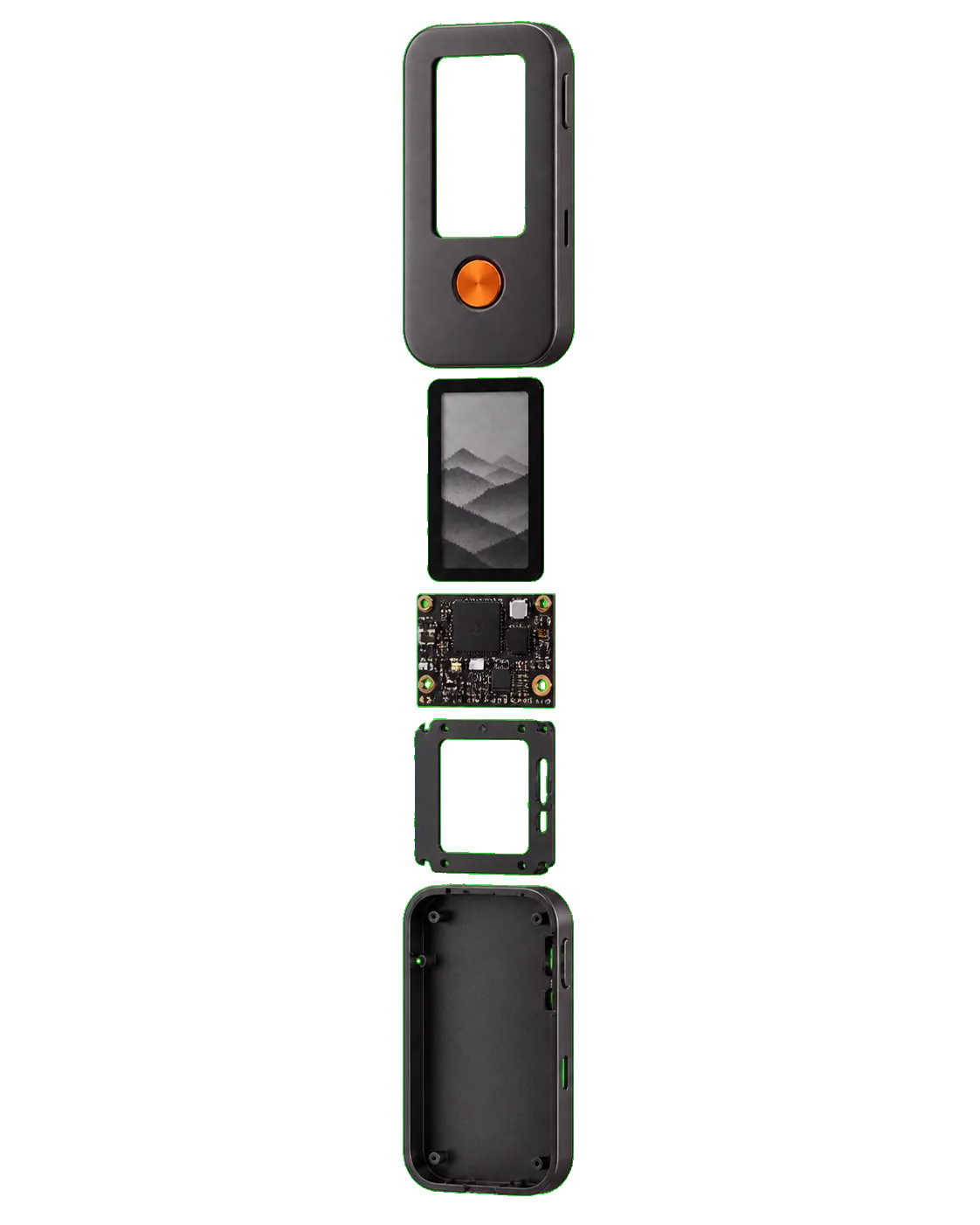Exploded view of Cinder hardware wallet components