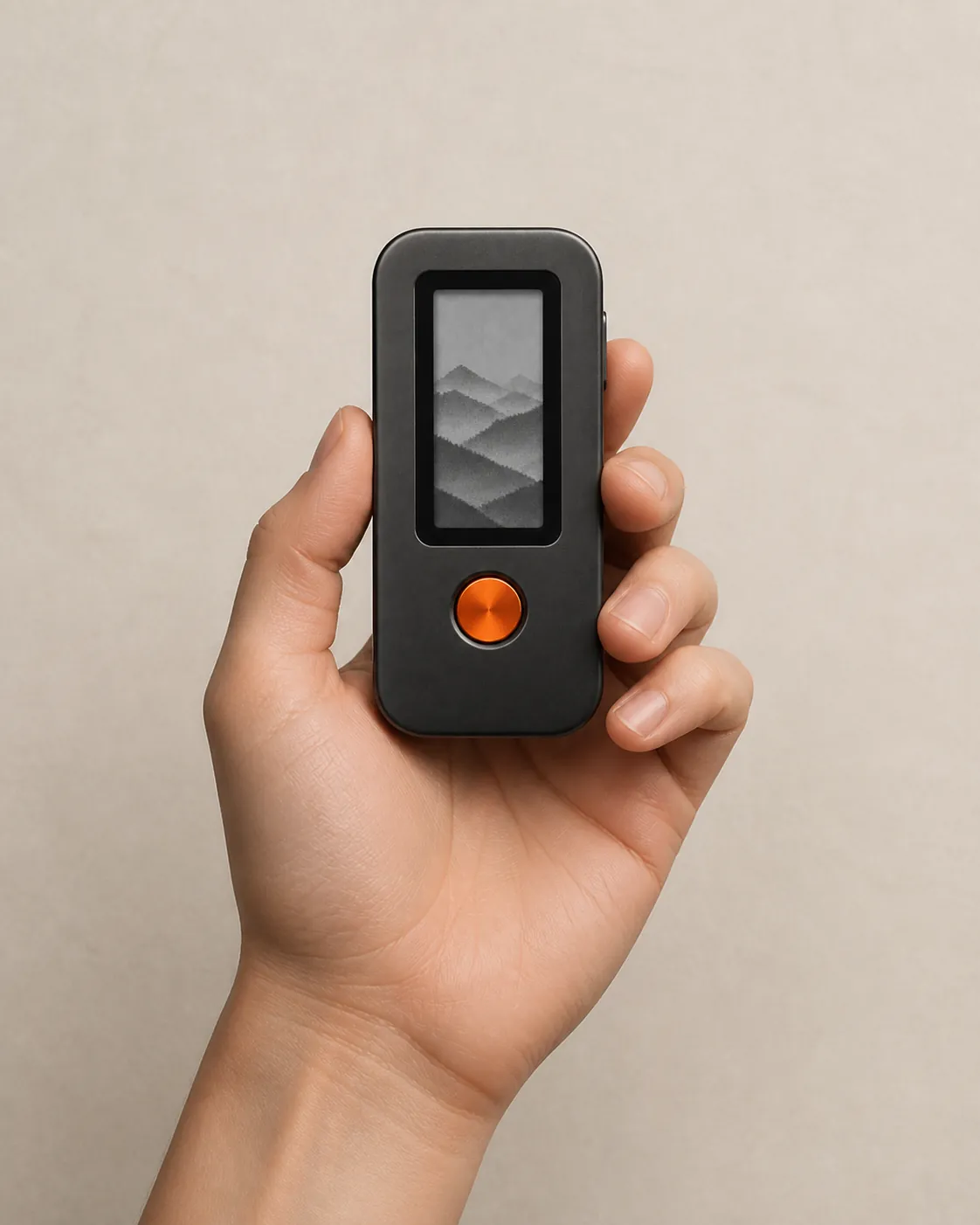 A hand holding the Cinder hardware wallet against ash paper